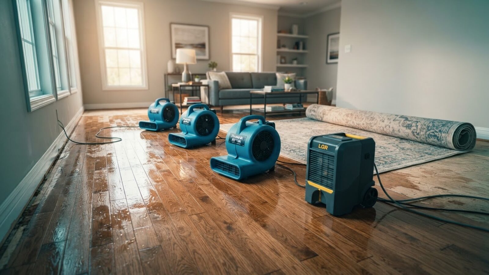 Professional air movers and a dehumidifier drying a water-damaged hardwood floor in a residential living room during water damage restoration
