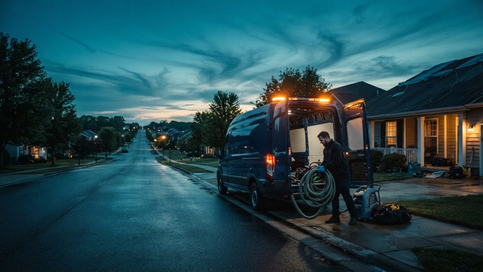 National Restore Pros restoration response van dispatched to a home at dusk, representing nationwide water damage restoration coverage