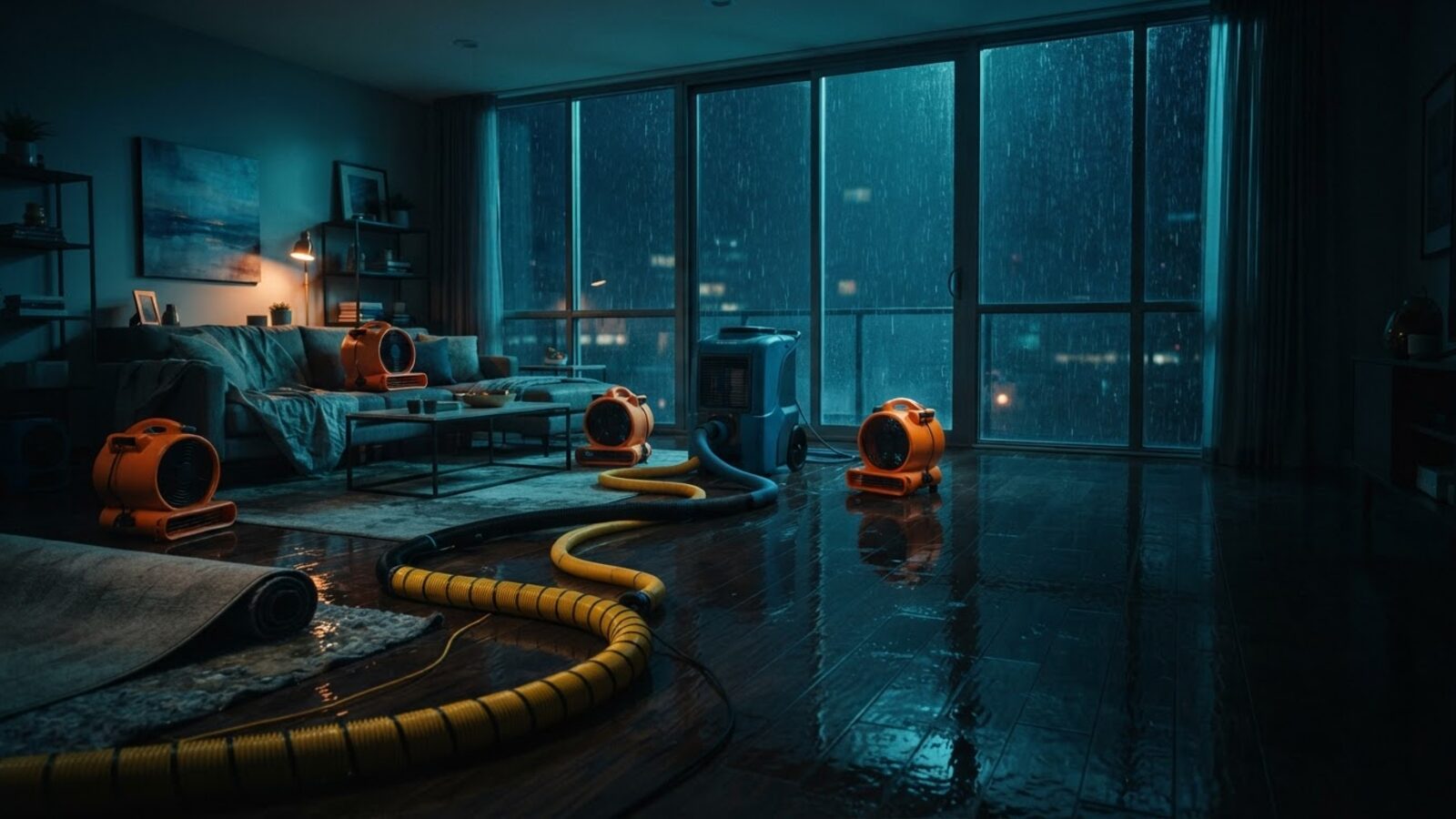 Professional air movers, dehumidifier, and extraction hoses drying a flooded residential living room at night, water damage restoration equipment