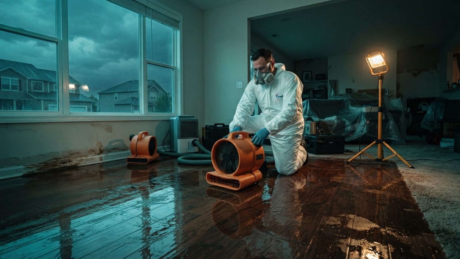 Restoration technician drying a water-damaged residential room in Florida